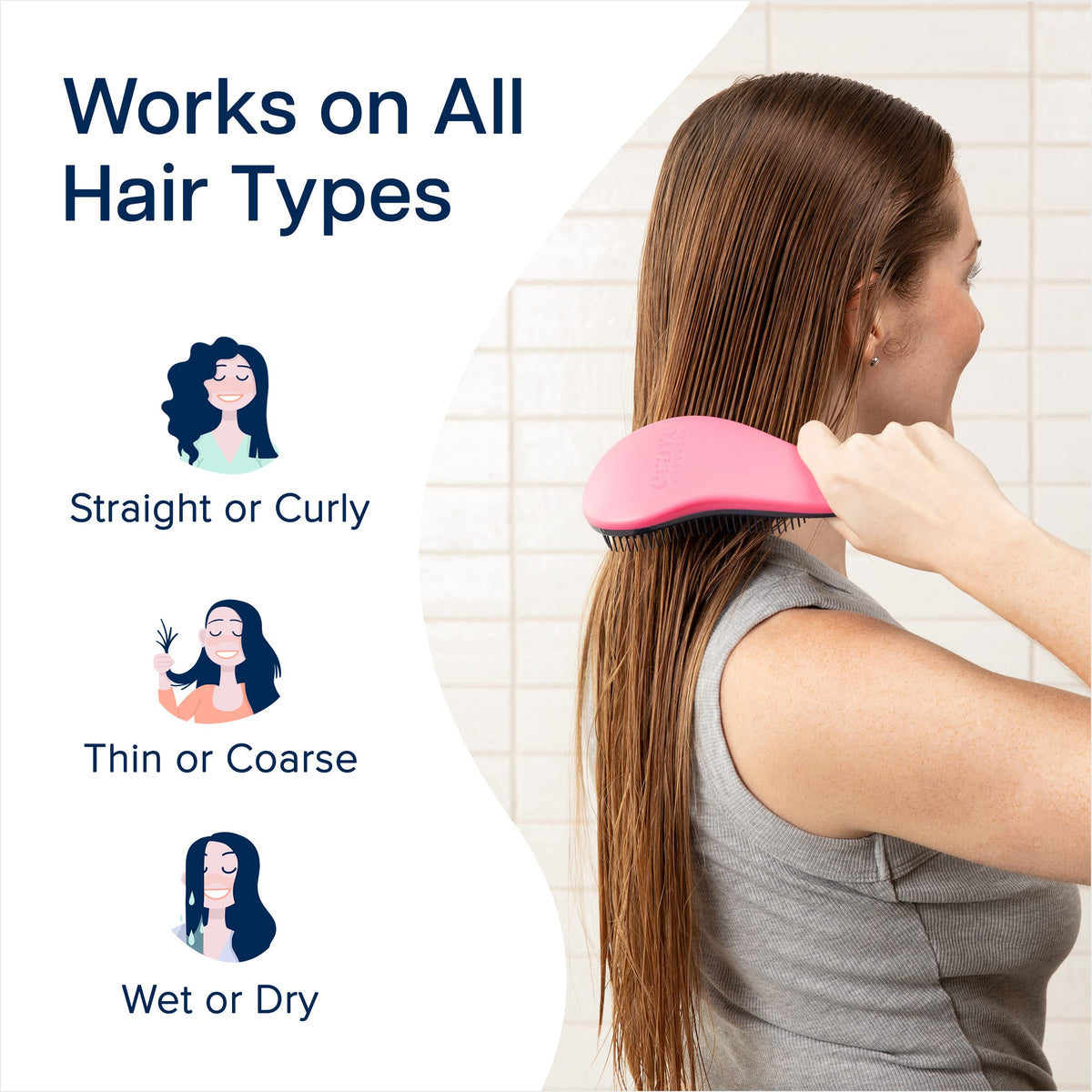 Crave Naturals brush held in hand to show 7.5x3 inch size for portability