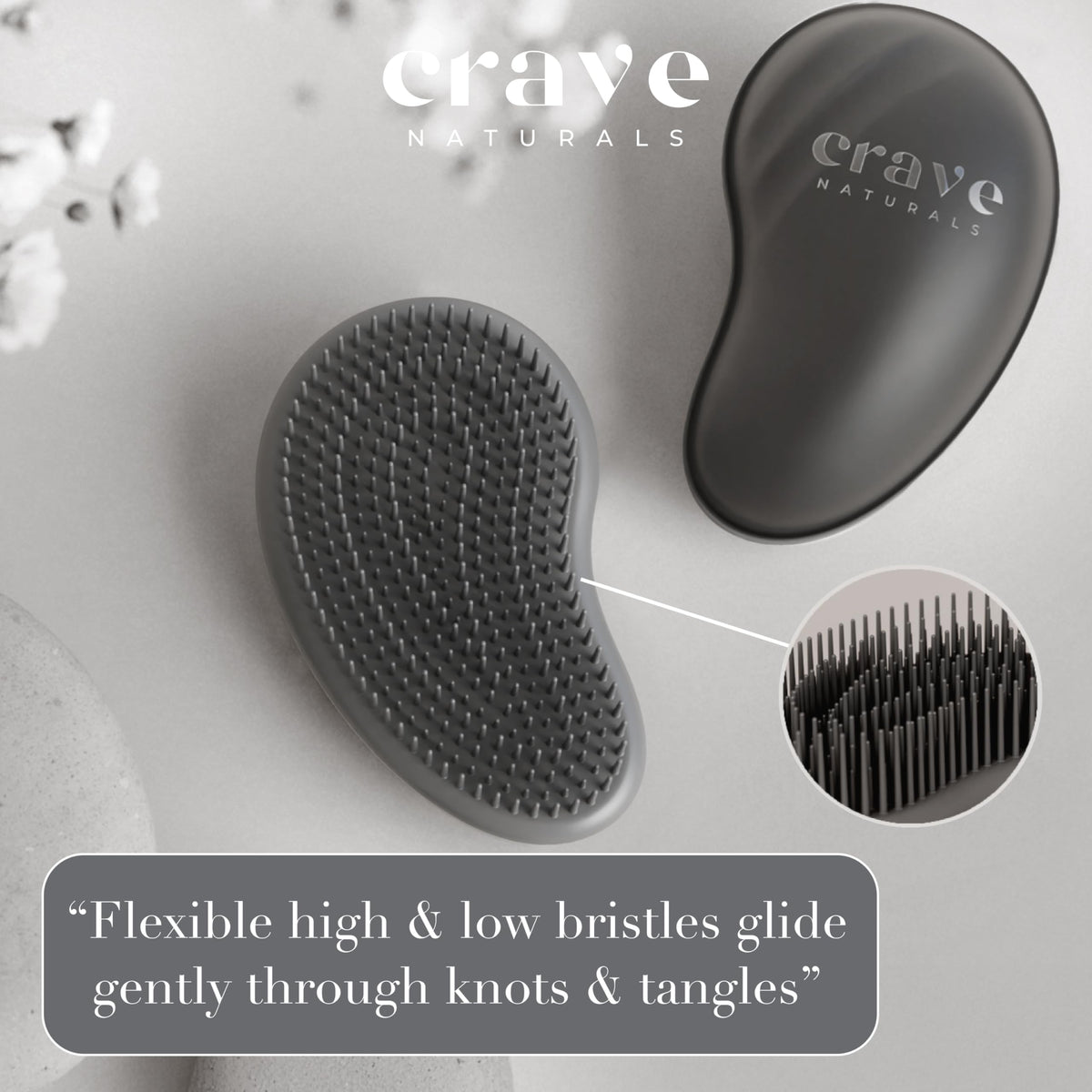 Crave Naturals brush inside a cosmetic bag demonstrating portable convenience