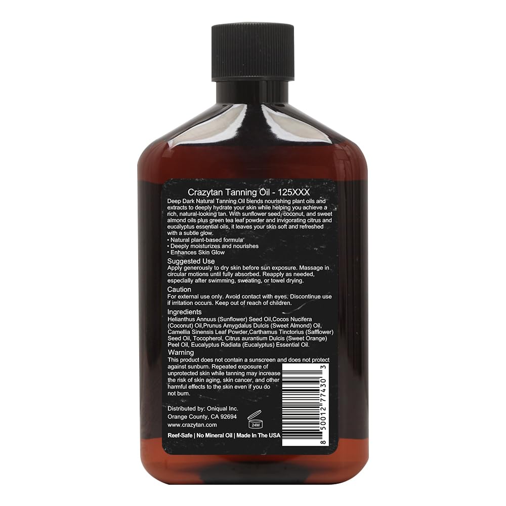Crazytan ingredient list close-up highlighting plant-based oils and botanicals