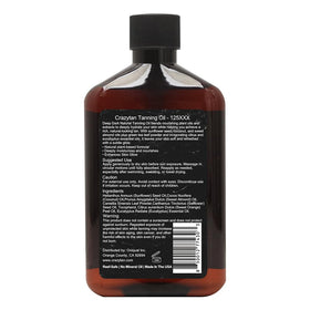 Crazytan ingredient list close-up highlighting plant-based oils and botanicals