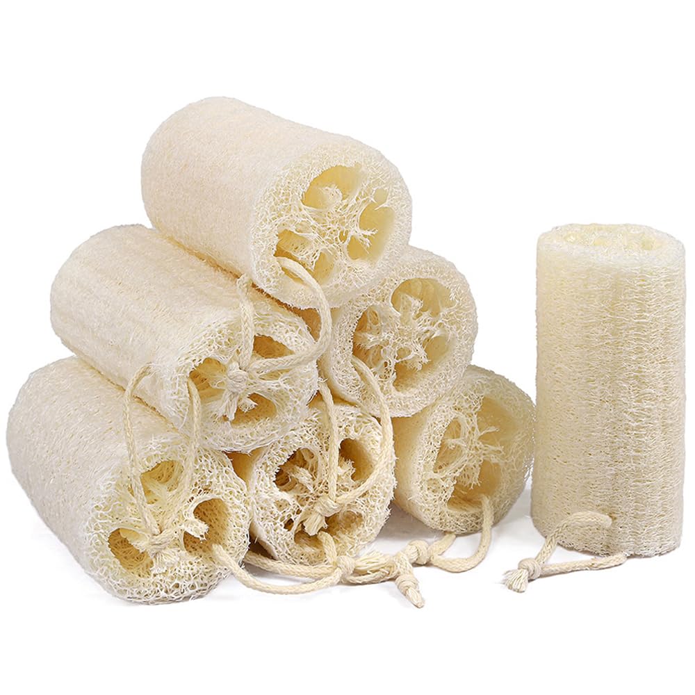 Createjoya front packaging showing seven compressed loofahs, clear value and natural materials
