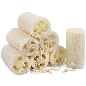 Createjoya front packaging showing seven compressed loofahs, clear value and natural materials