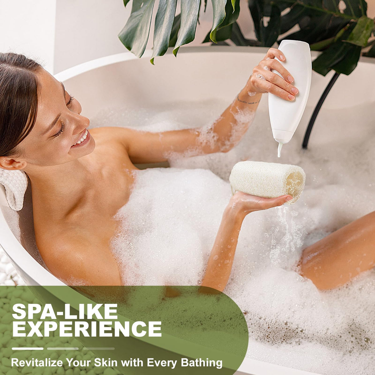 Createjoya loofah in-shower use with soap illustrating improved lather and smooth skin benefit
