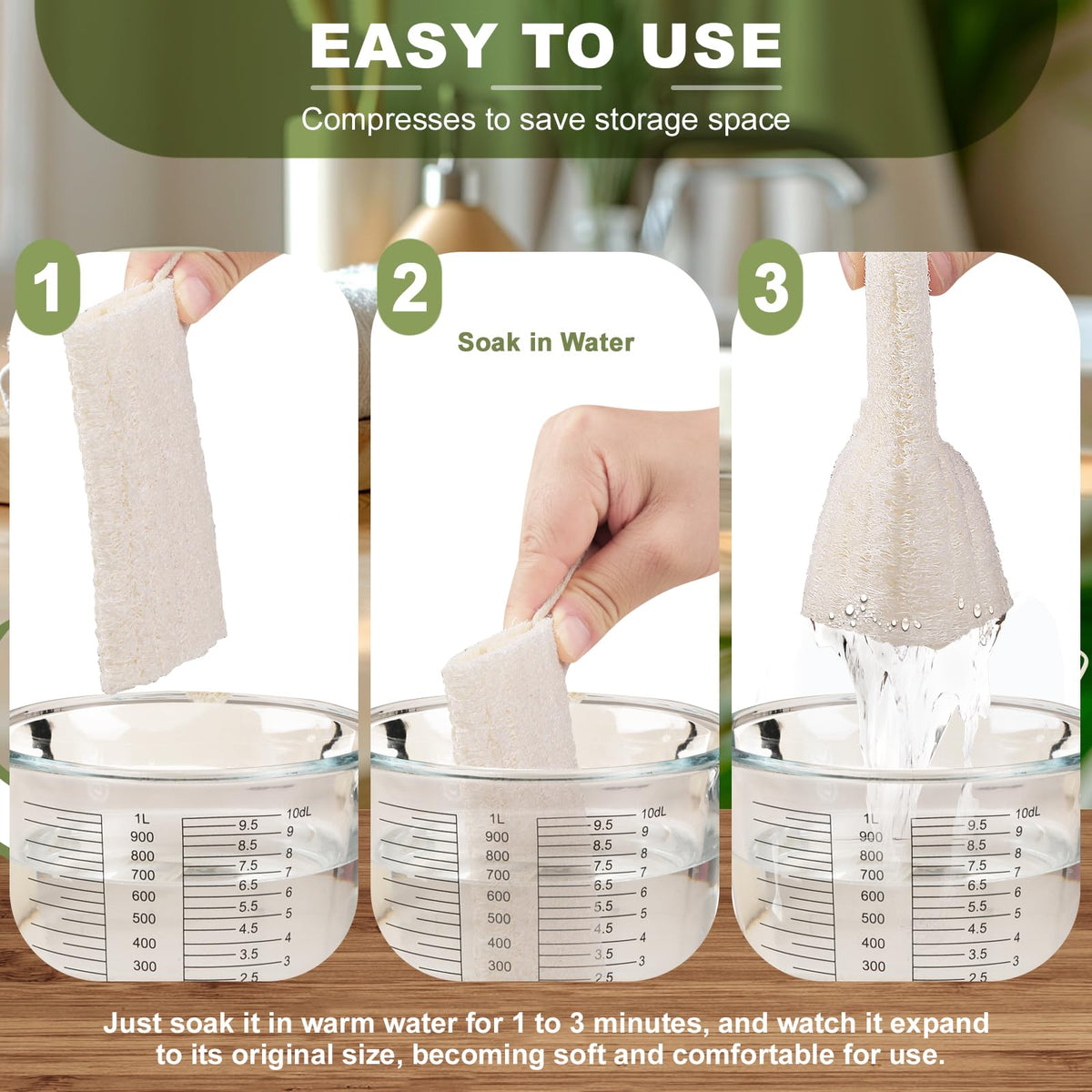 Createjoya loofah trio on bath shelf suggesting rotation and hygienic storage between uses