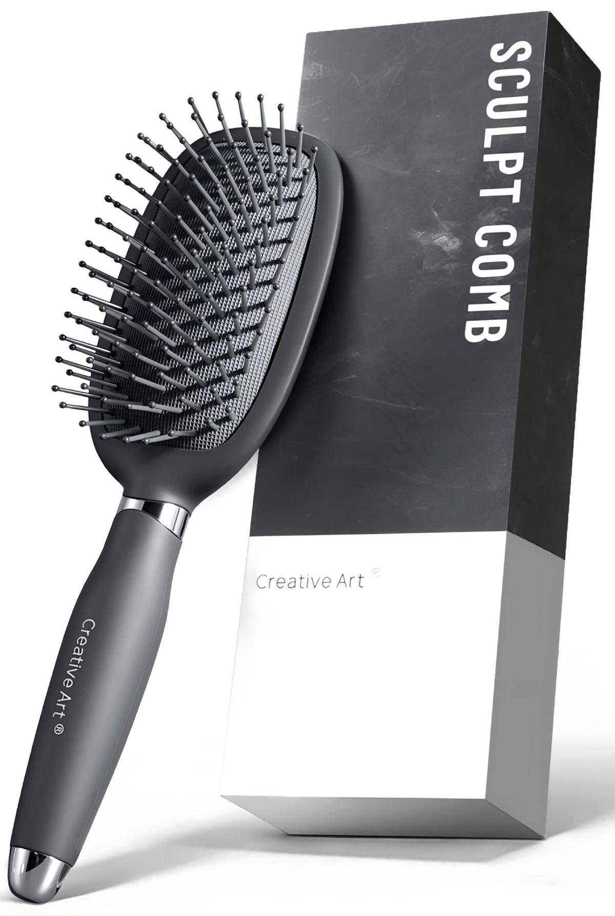 Creative Art front view of gray men's detangling brush showing shape and benefit