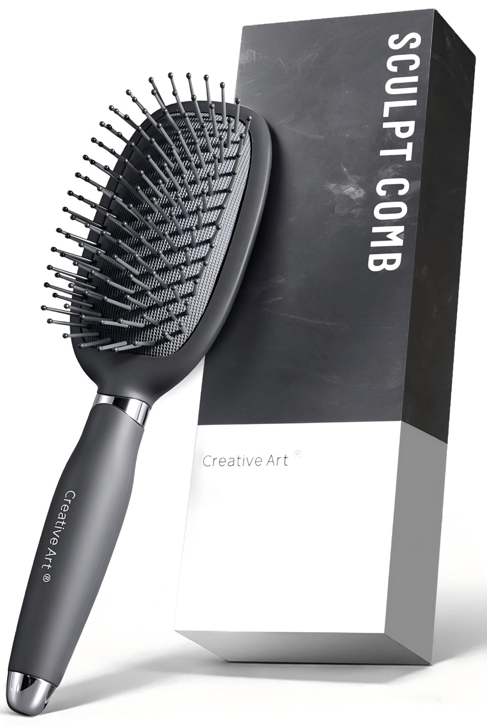 Creative Art front view of gray men's detangling brush showing shape and benefit