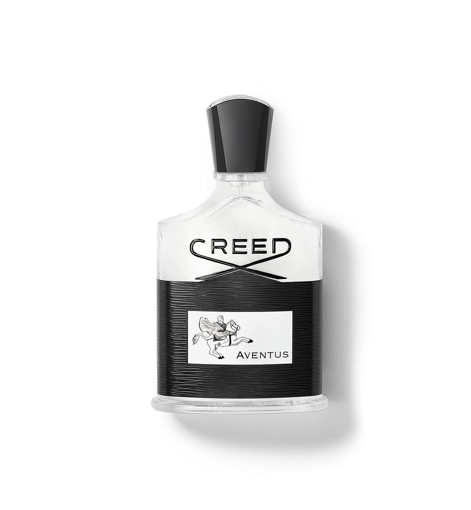 Creed Aventus front bottle showing sleek glass and liquid benefit: premium presentation
