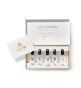 Creed front packaging of five-sample set showing neat box and branding, convenient gifting
