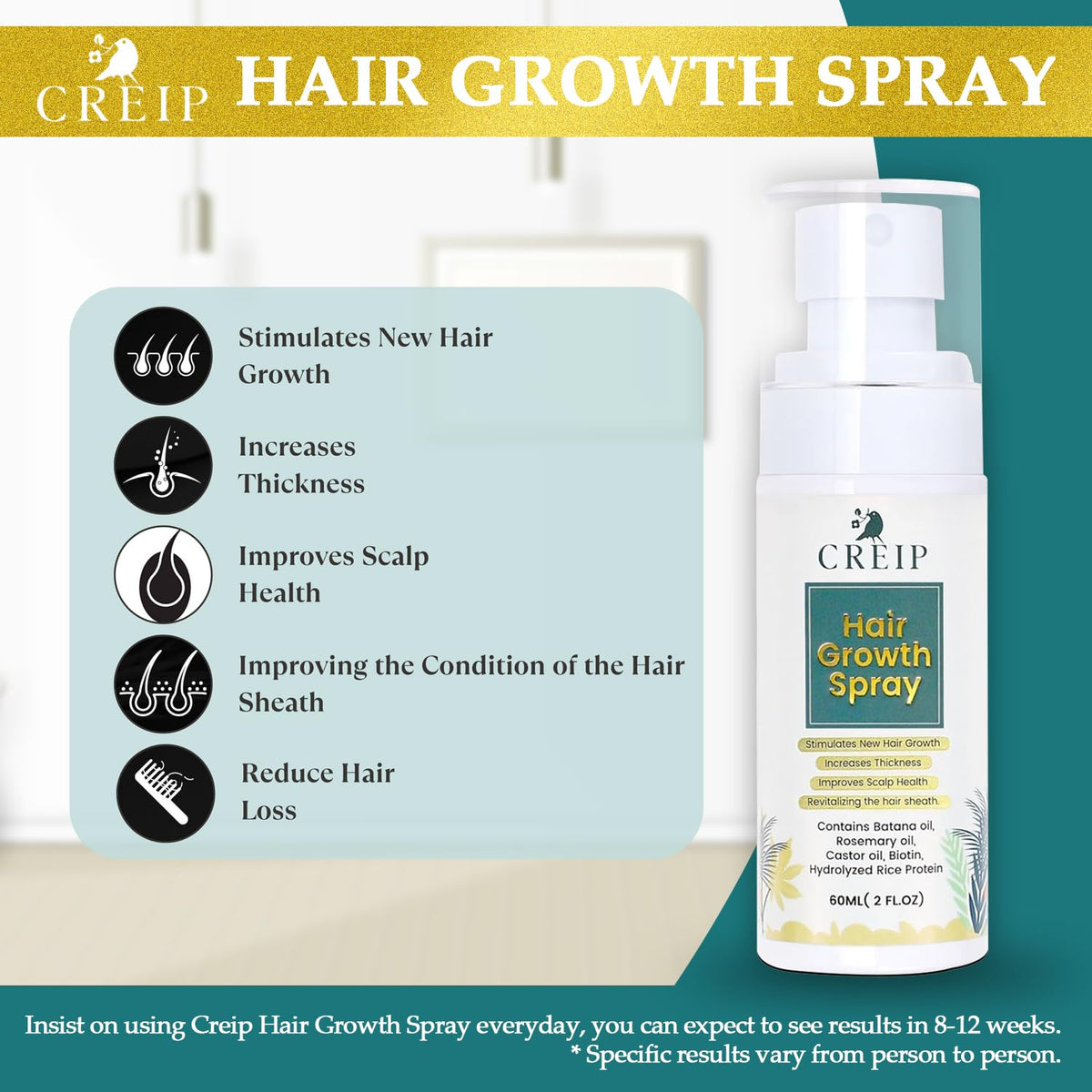 Creip spray applied to dry scalp in lifestyle shot showing improved manageability