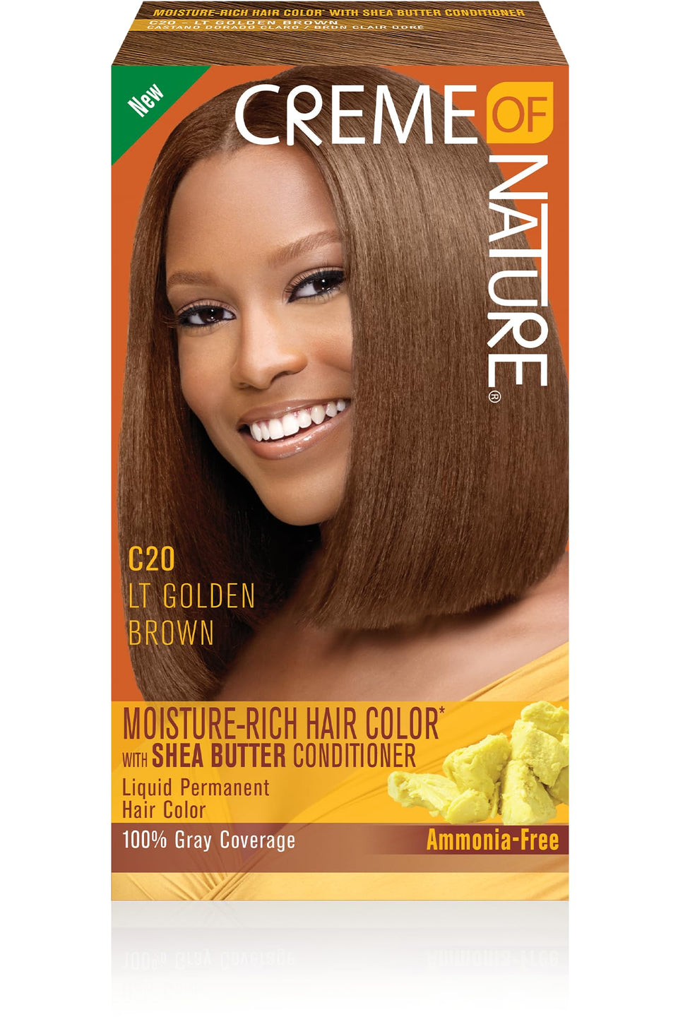 Creme of Nature front packaging showing C20 light golden brown shade and benefits