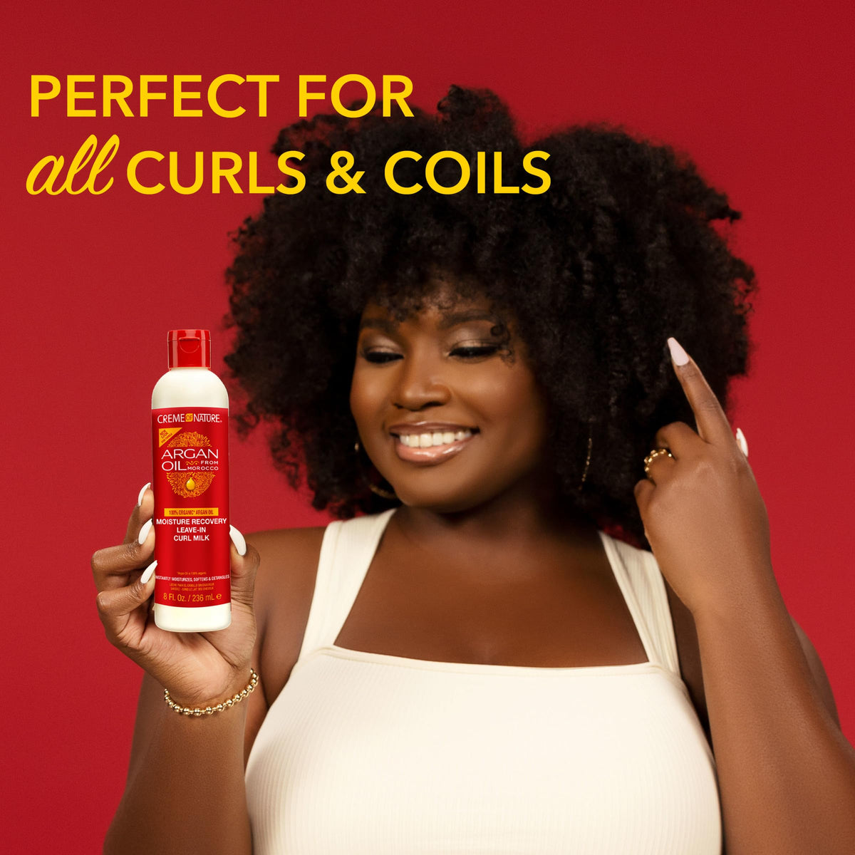 Creme of Nature argan oil ingredient bottle highlighting nourishment and shine