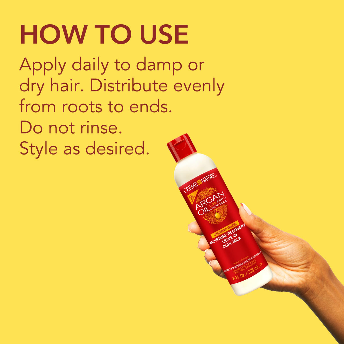 Creme of Nature 8 oz bottle in hand showing product size and travel-friendly benefit