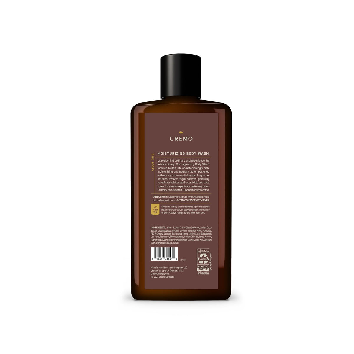 Cremo 16oz bottle size comparison beside toiletries showing value and travel readiness