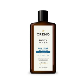 Cremo front bottle cypress and cedar showing label and scent benefits