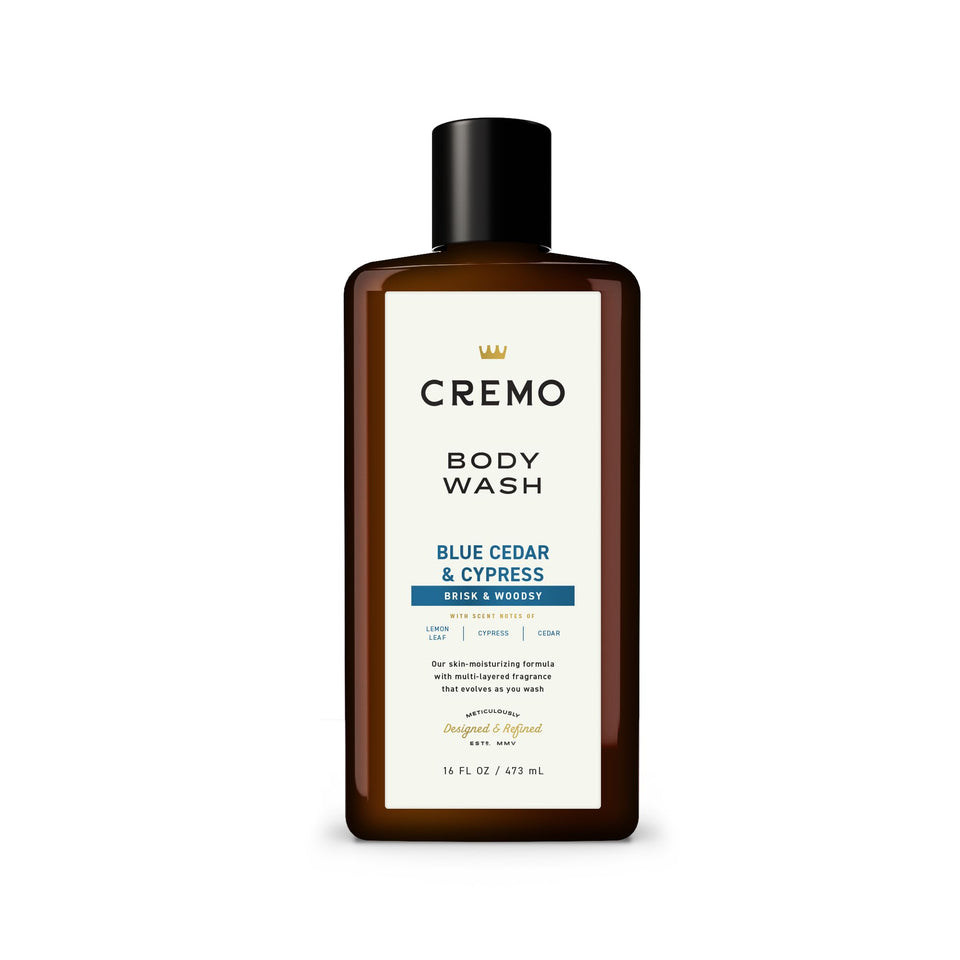 Cremo front bottle cypress and cedar showing label and scent benefits
