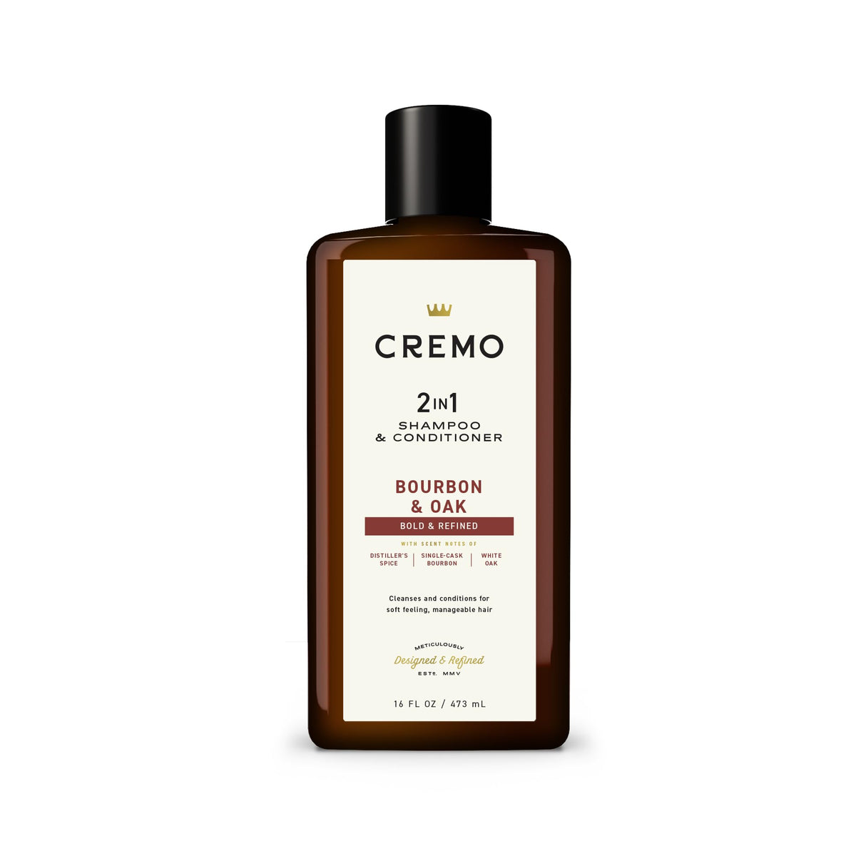 Cremo bottle front view showing label and refined bourbon scent benefit