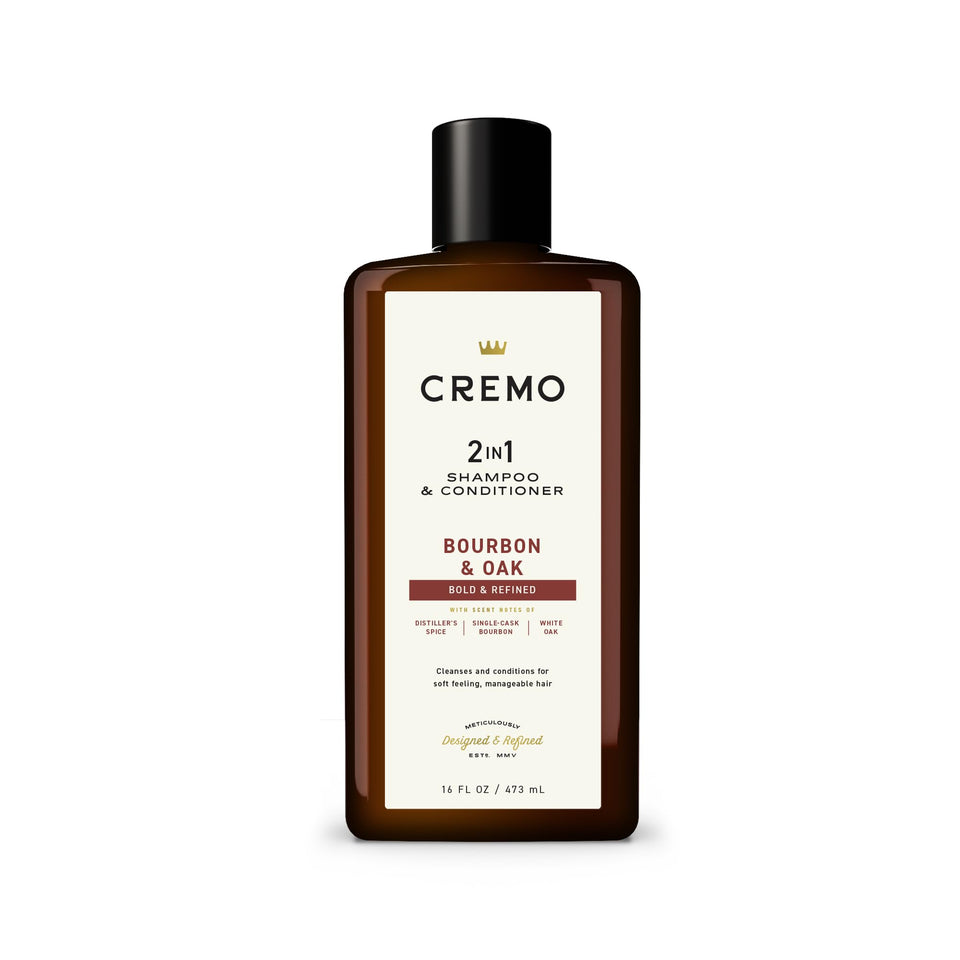 Cremo bottle front view showing label and refined bourbon scent benefit