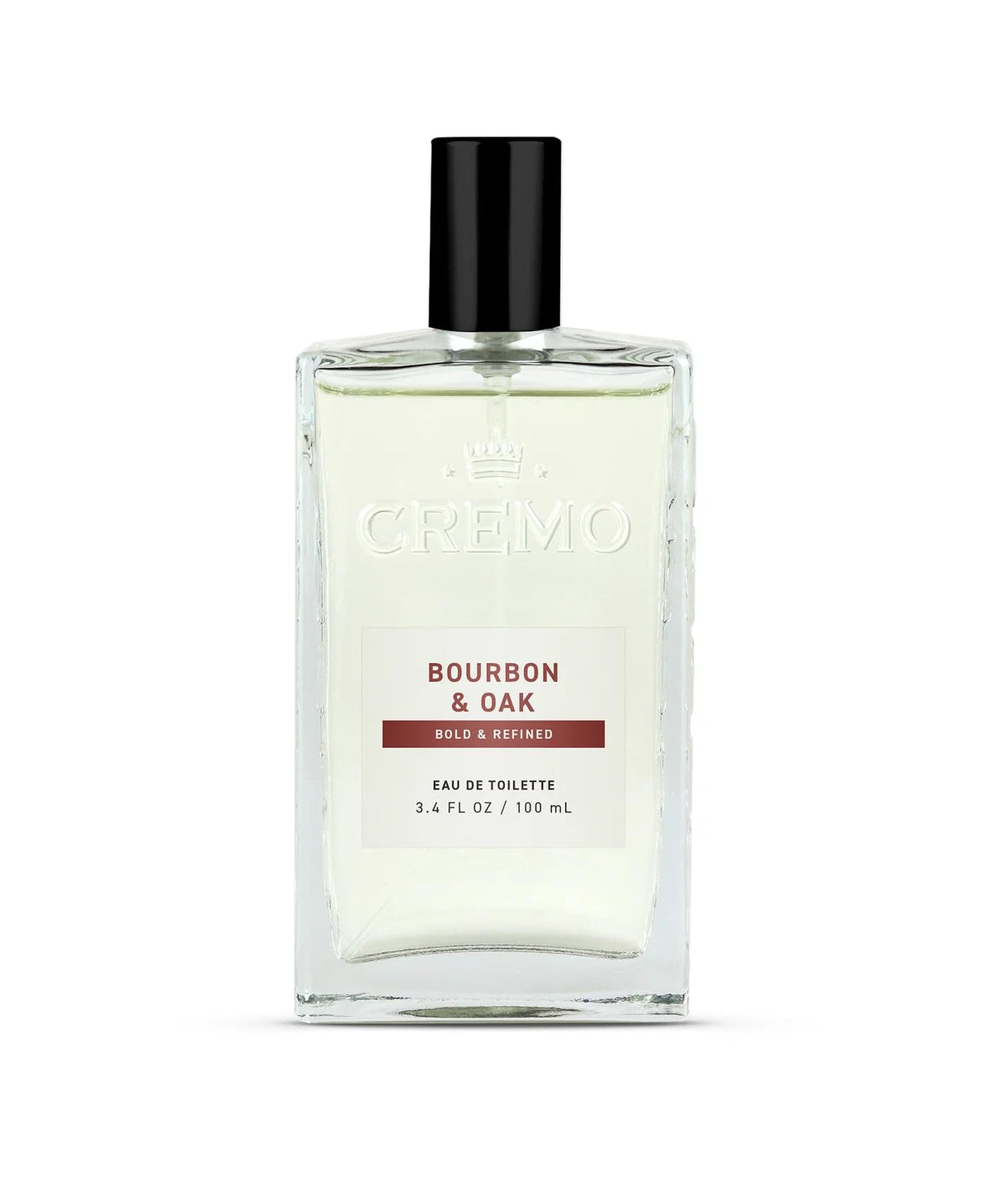 Cremo bottle front view showing refined bourbon and oak fragrance benefit