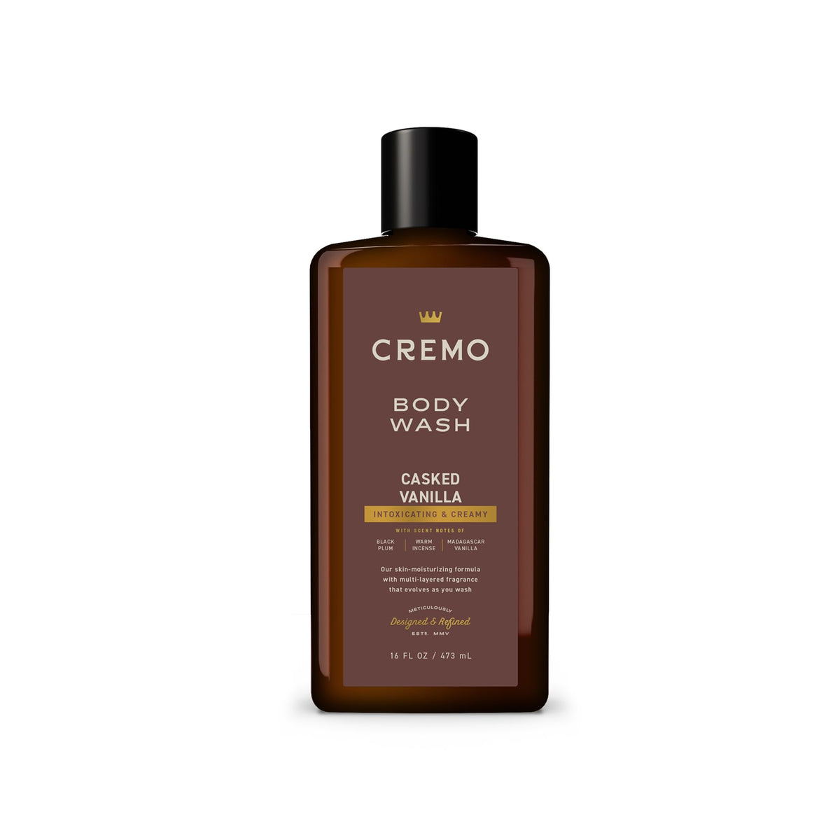 Cremo casked vanilla front packaging showing bottle and label benefit: premium scent