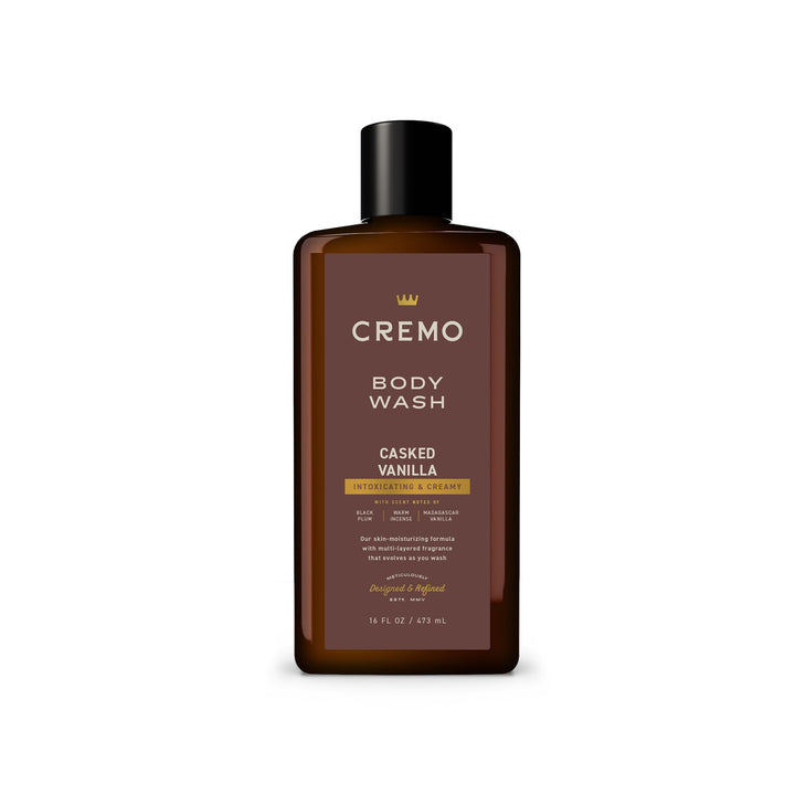 Cremo casked vanilla front packaging showing bottle and label benefit: premium scent