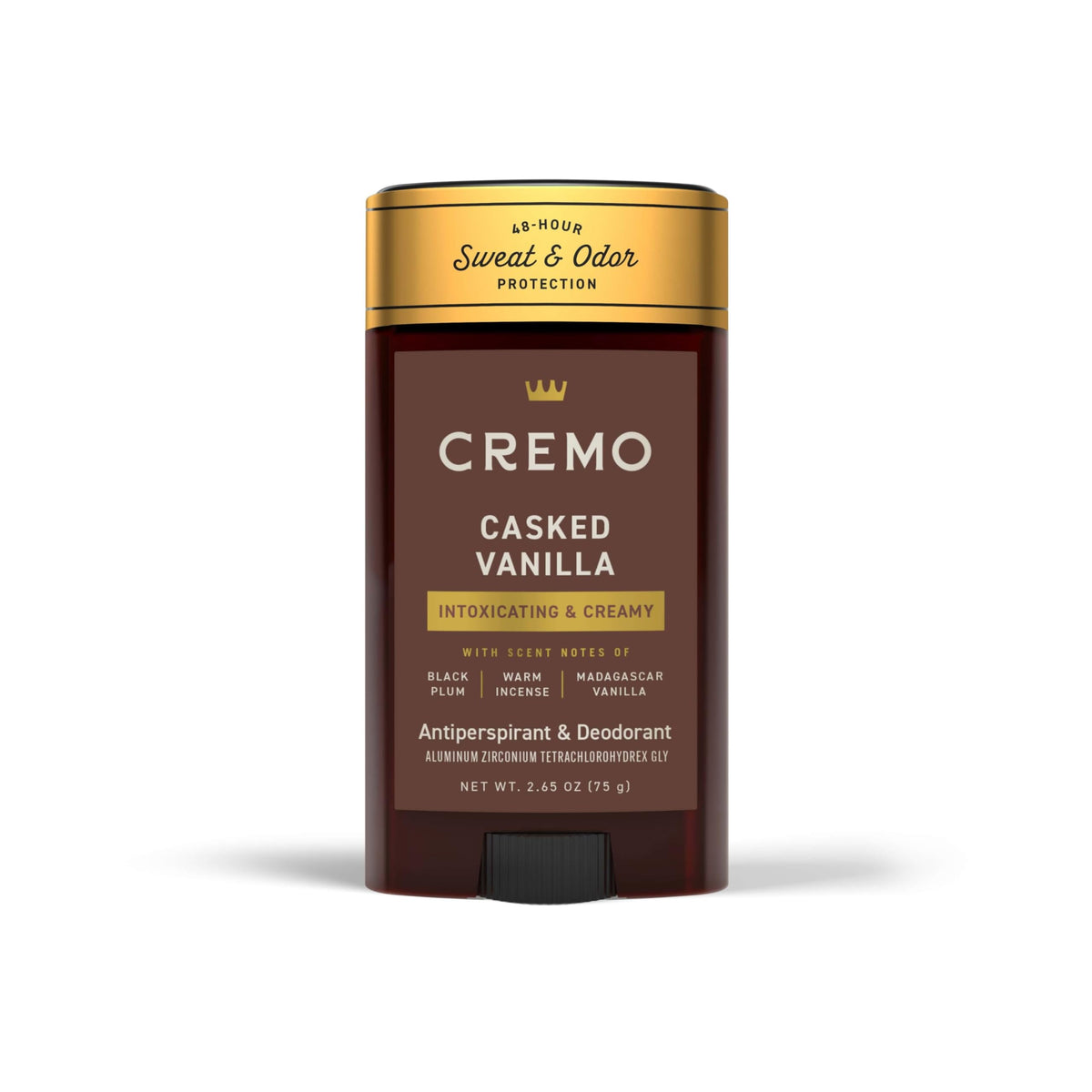 Cremo front packaging showing stick and label with refined vanilla scent benefit