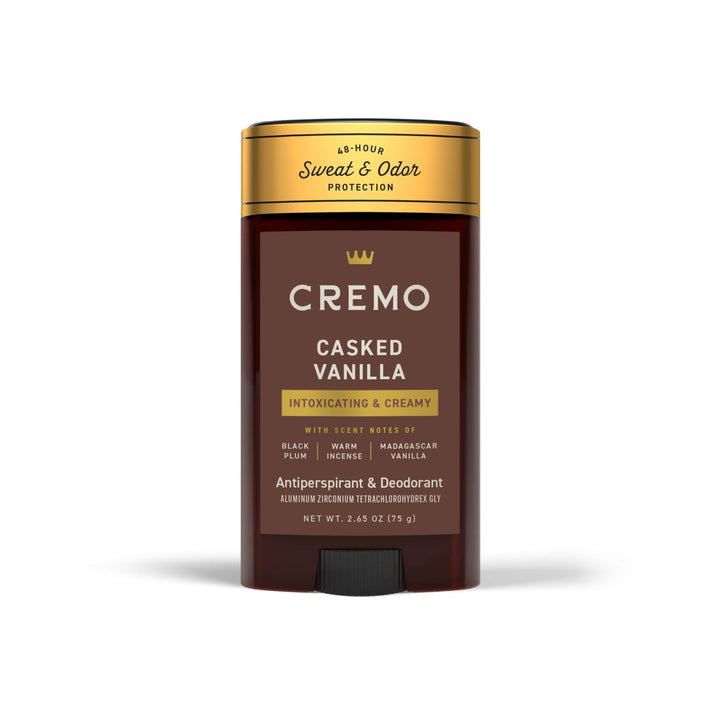 Cremo front packaging showing stick and label with refined vanilla scent benefit