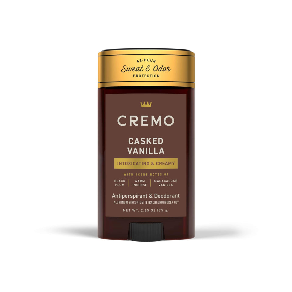 Cremo front packaging showing stick and label with refined vanilla scent benefit