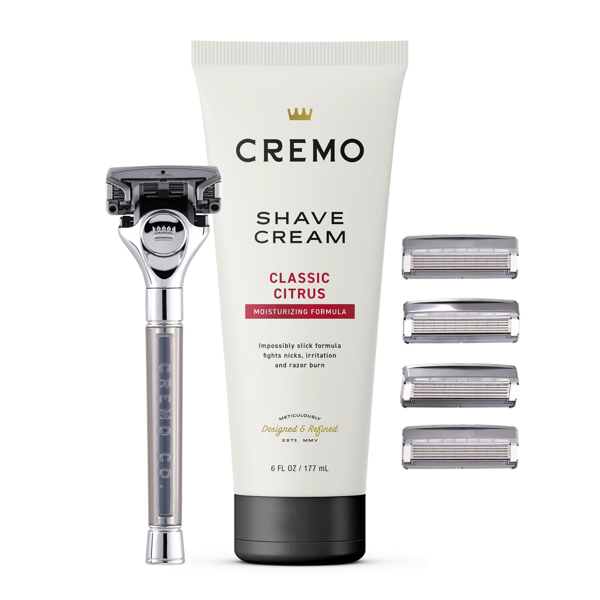 Cremo chrome barber-grade razor front view showing polished finish and gift appeal