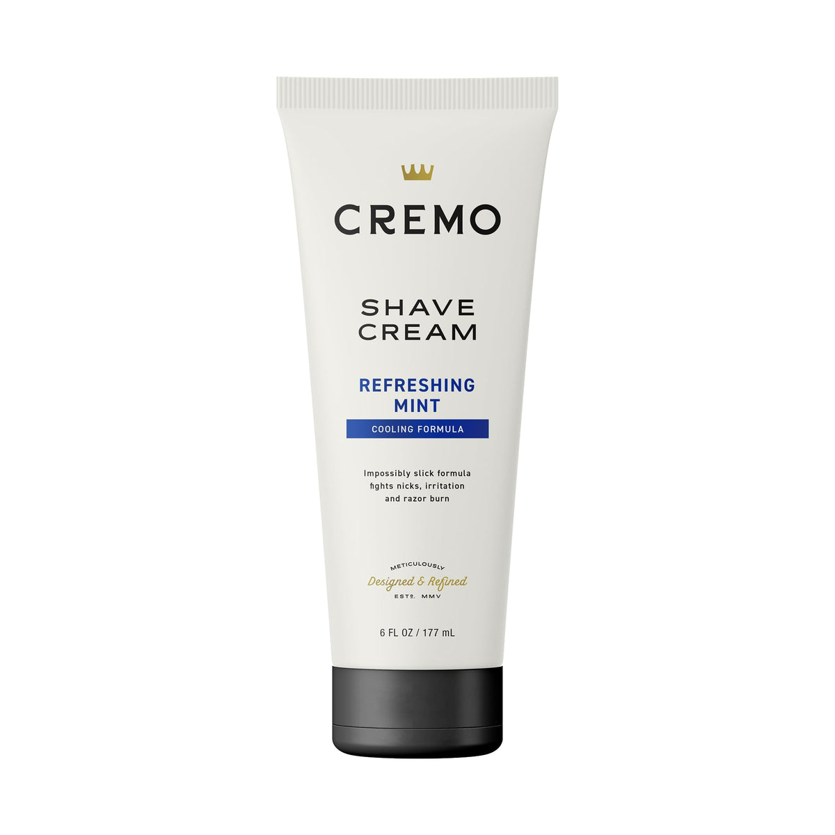 Cremo front packaging showing 6 fl oz bottle and cooling label benefit of longer, smoother shaves