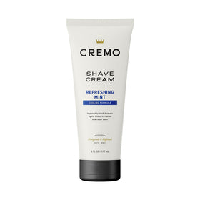 Cremo front packaging showing 6 fl oz bottle and cooling label benefit of longer, smoother shaves