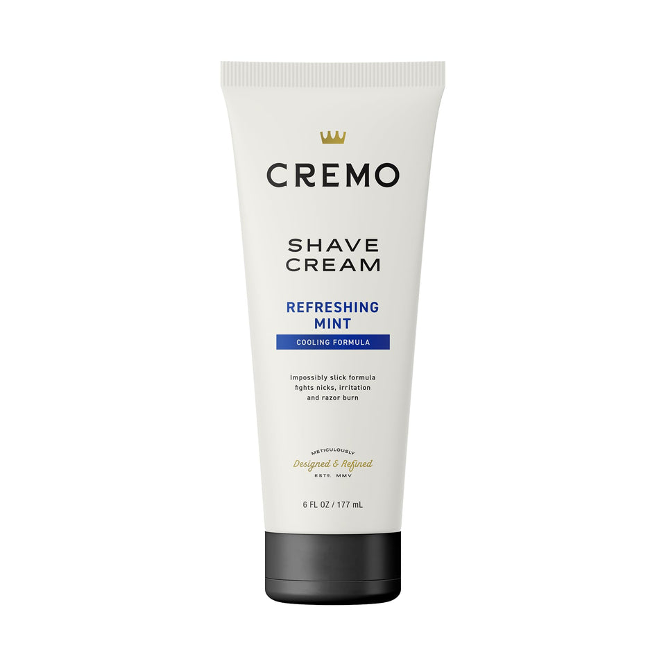 Cremo front packaging showing 6 fl oz bottle and cooling label benefit of longer, smoother shaves