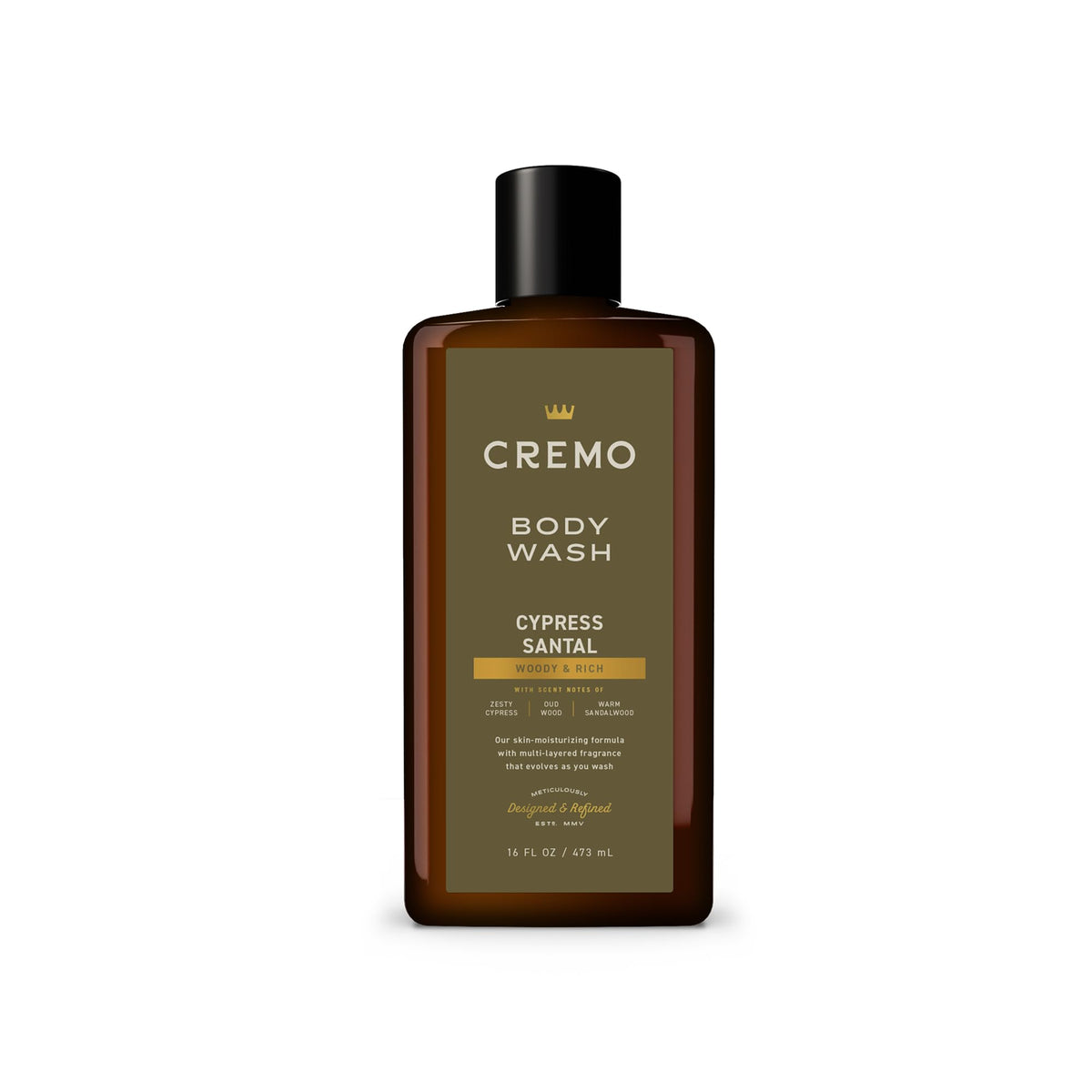 Cremo front bottle showing Cypress Santal label and easy grip for daily grooming