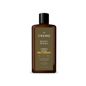 Cremo front bottle showing Cypress Santal label and easy grip for daily grooming