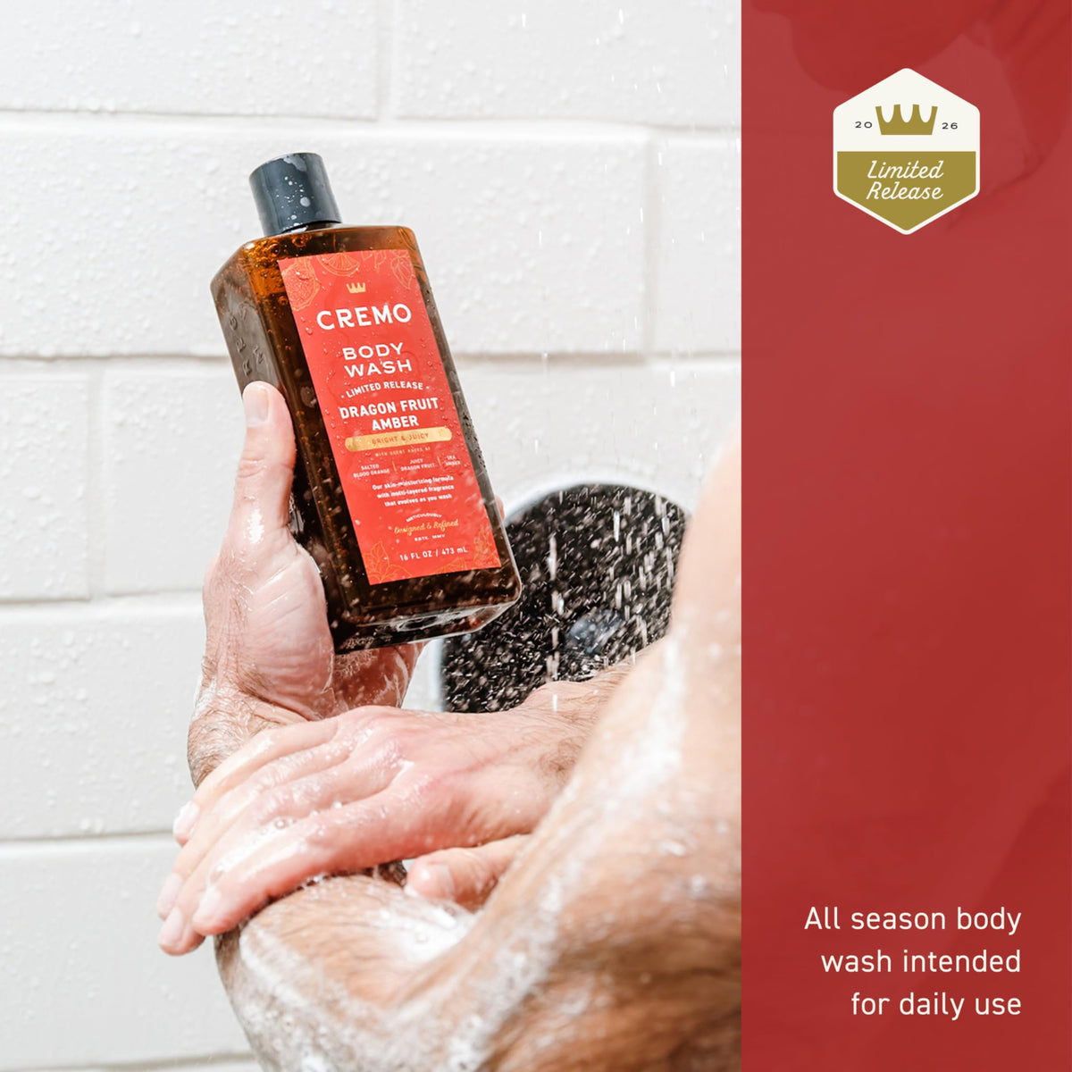 Cremo bottle staged in shower setting for lifestyle grooming appeal