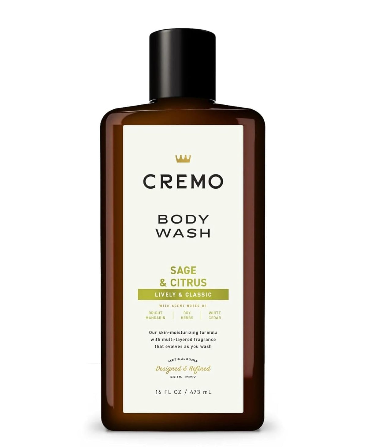 Cremo bottle front view showing sage and citrus scent with rich lather benefit