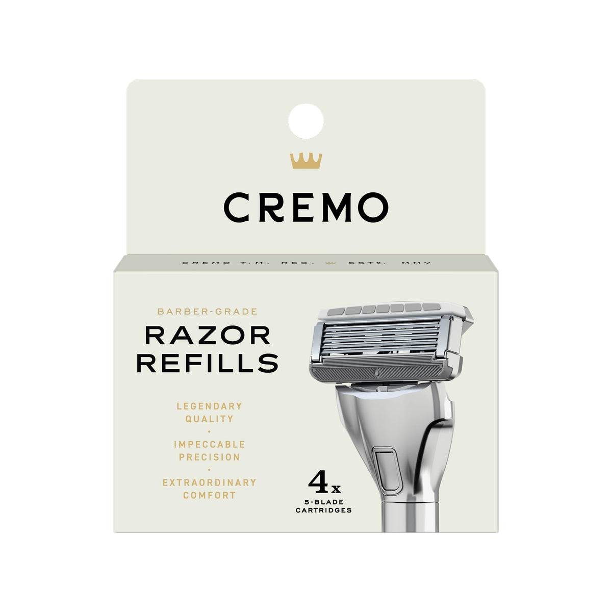 Cremo front packaging showing four refill cartridges and product benefits