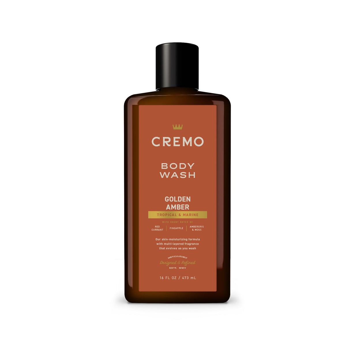 Cremo bottle front view showing Golden Amber label and premium look
