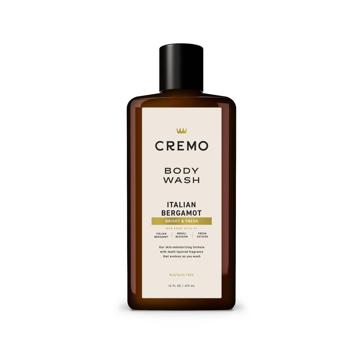 Cremo front packaging showing bottle and Italian Bergamot scent benefit