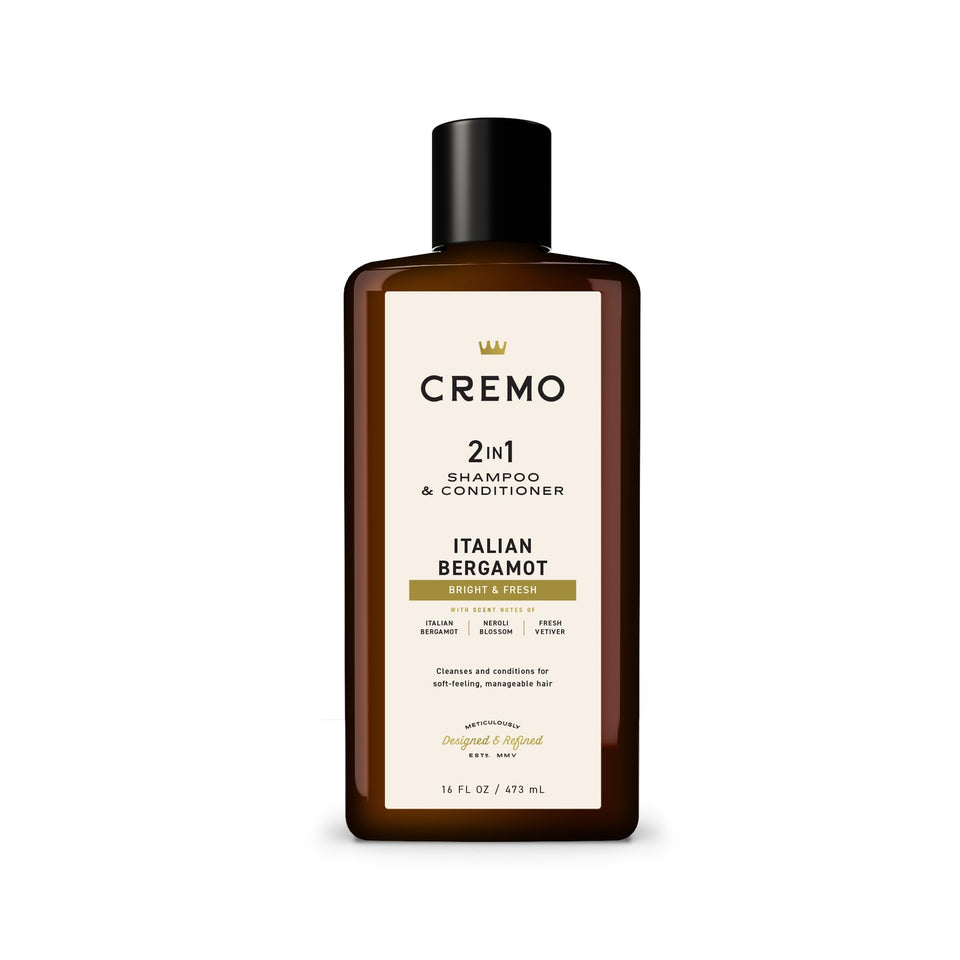 Cremo bottle front view showing bergamot scent and 16 fl oz size benefit