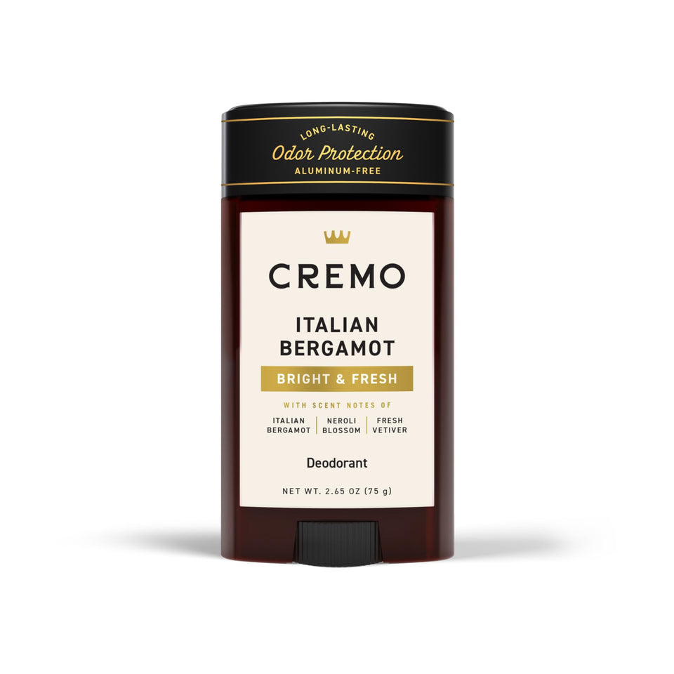 Cremo front packaging showing deodorant stick and scent details for confident freshness