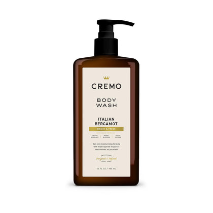 Cremo Italian Bergamot front pump bottle showing label and easy dispensing benefit