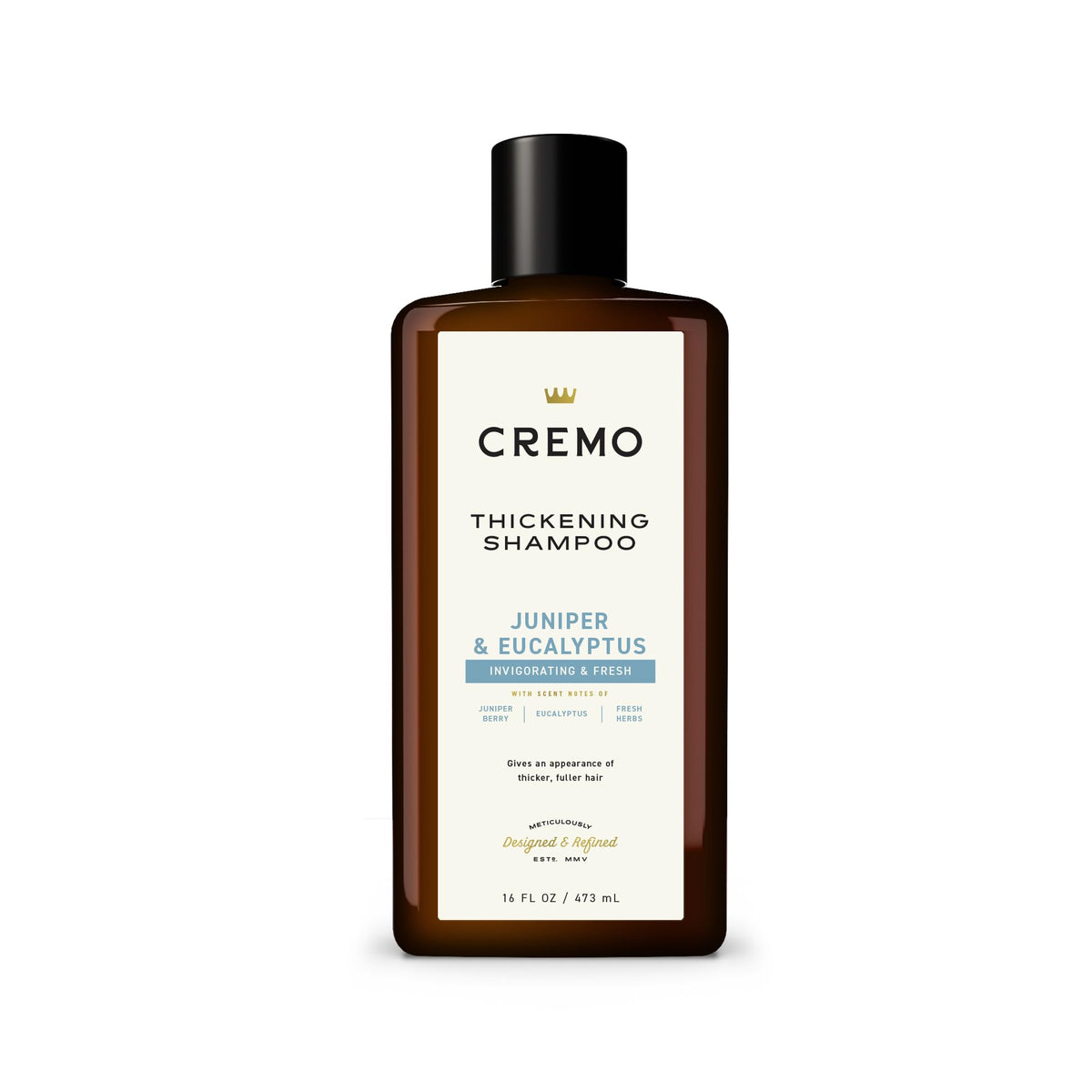 Cremo bottle front packaging showing juniper eucalyptus scent and volume