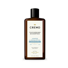 Cremo bottle front packaging showing juniper eucalyptus scent and volume