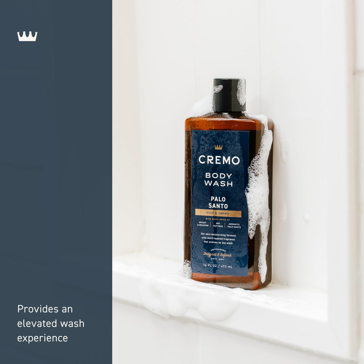 Cremo label detail with Palo Santo fragrance and ingredient focus