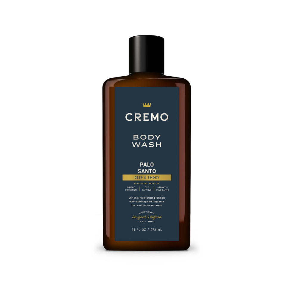 Cremo bottle front packaging showing Palo Santo scent and benefits
