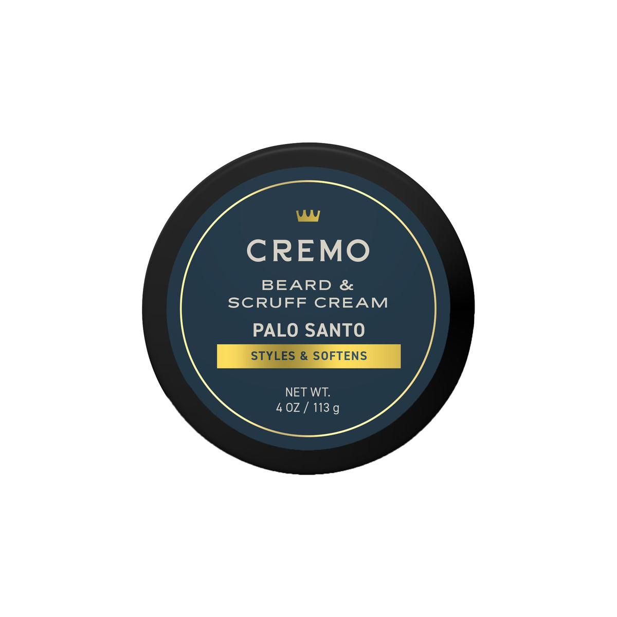 Cremo Palo Santo front packaging showing label and 4 oz jar, conveys premium grooming