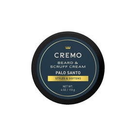 Cremo Palo Santo front packaging showing label and 4 oz jar, conveys premium grooming