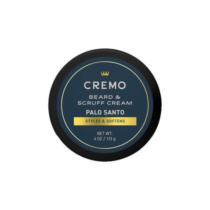 Cremo Palo Santo front packaging showing label and 4 oz jar, conveys premium grooming