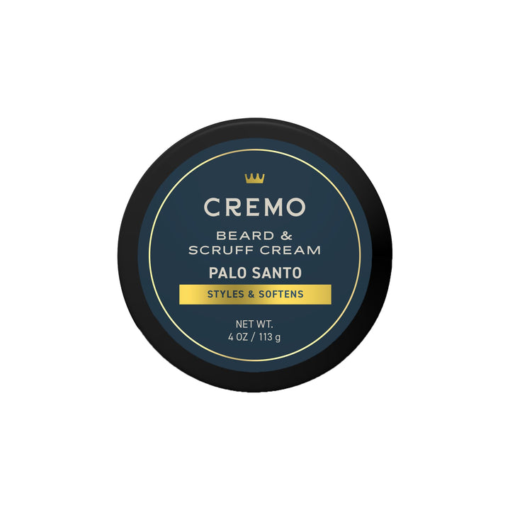 Cremo Palo Santo front packaging showing label and 4 oz jar, conveys premium grooming