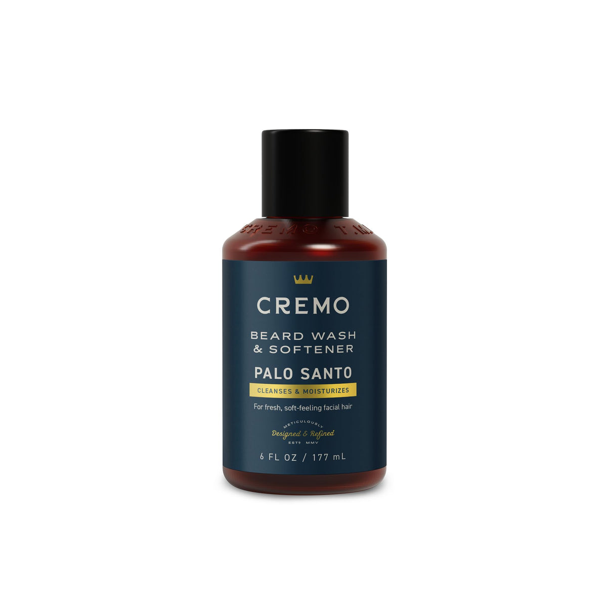 Cremo front bottle shot showing palo santo beard wash packaging and refined scent benefits